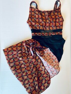 Women’s Bolero Brand One Piece Rust/Gold/Black Swimsuit with Sarong Wrap Size 8
